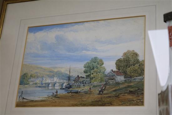 John Holland (active 1831-1879), watercolour, riverside town with bridge, figures in foreground, signed 23 x 33cm.